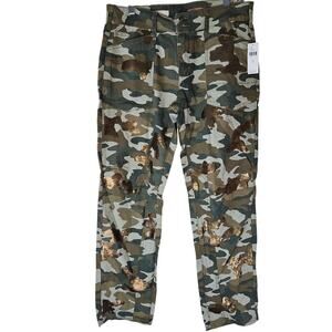 Anthropologie Camo Ankle Pants with Gold Sequin Accents